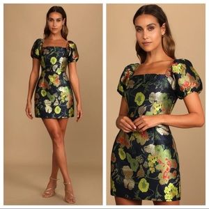 NWT Lulus So Stunning Navy Blue Floral Jacquard Puff Sleeve Mini Dress